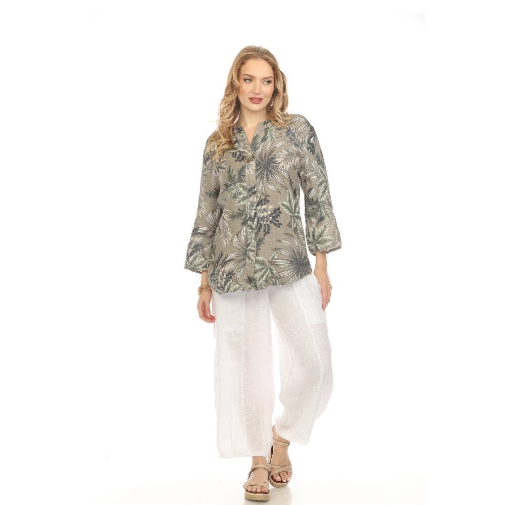 Taupe Leaf Print V-Neck Button Top